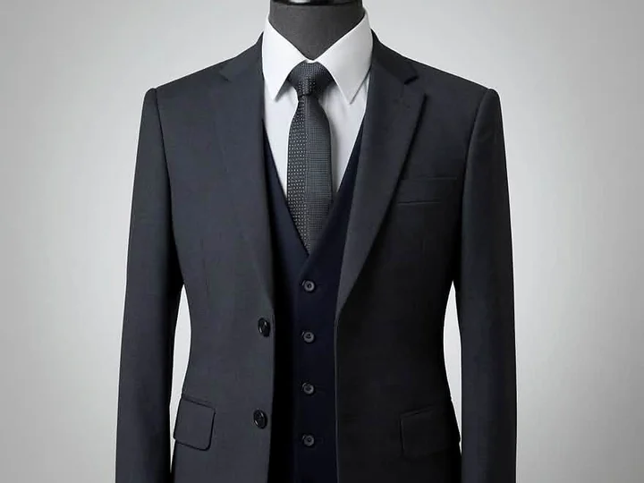 S. PREMIERE black formal three-piece suit on mannequin